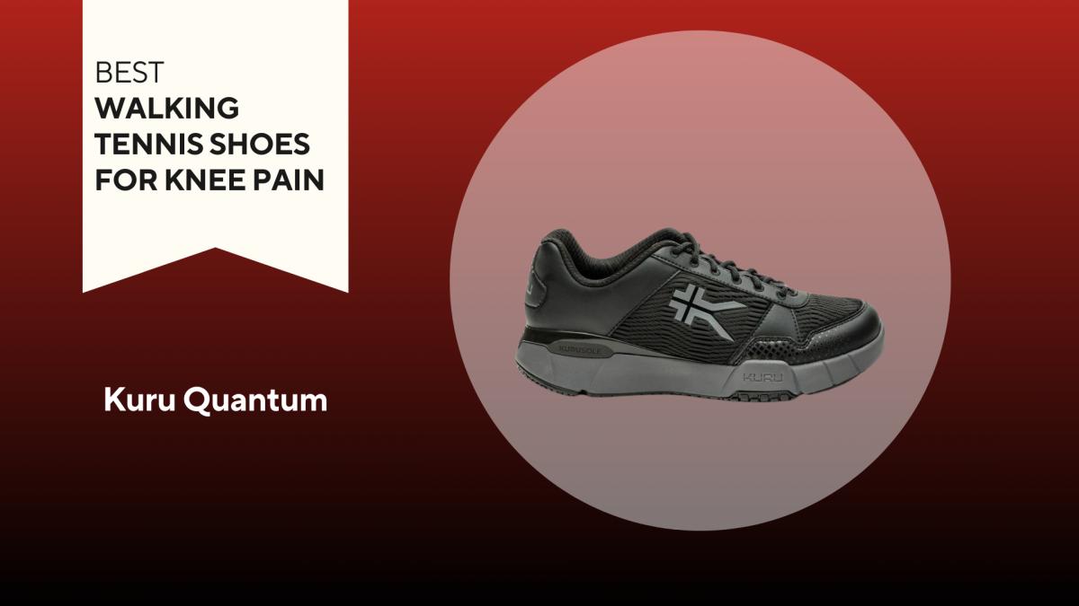 An image of a black Kuru Quantum shoe against a red background.